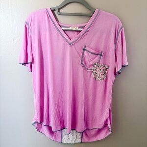 POL Pink Floral Patchwork V-Neck Tee Raw Hem S